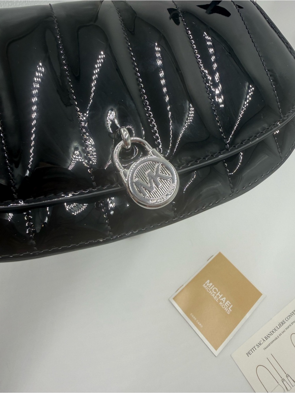 Michael Kors Black Patent Quilted Crossbody Bag with Silver Chain NWT - Picture 6 of 15
